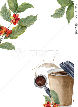 Watercolor vertical frame of hand drawn illustrations of coffee cup, holder, coffee branches with beans and coffee stains Watercolor vertical frame of hand drawn illustrations of coffee cup, holder, coffee branches with beans and coffee stains 122631947