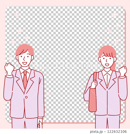 A simple and pop illustration of new graduates in suits and a cherry blossom-colored vector frame 122632106