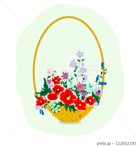 Basket with flowers. Hand drawn illustration for greeting card, invitation, flyer. Vector illustration 122632191