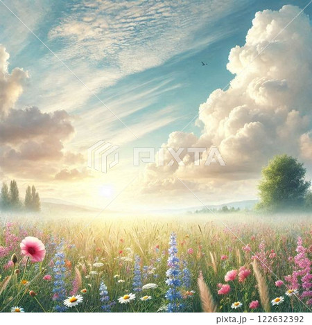 朝霧に包まれるラベンダー畑 122632392