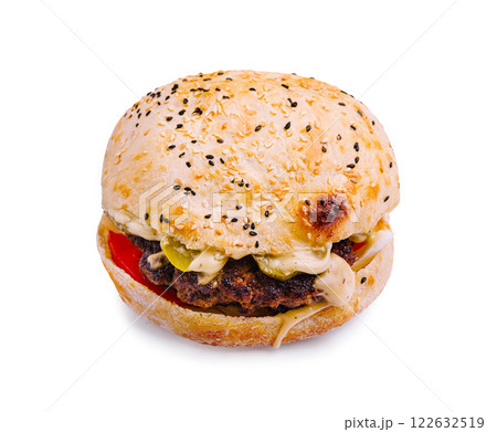 Juicy hamburger with fresh toppings on a sesame seed bun in bright lighting Juicy hamburger with fresh toppings on a sesame seed bun in bright lighting 122632519