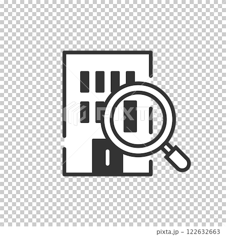 Vector icon of a company and a magnifying glass that can be used for competitive research and screening (line drawing, black and white) Vector icon of a company and a magnifying glass that can be used for competitive research and screening (line drawing, black and white) 122632663