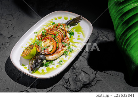 Grilled fish dish served with colorful vegetable garnishes on a stylish plate Grilled fish dish served with colorful vegetable garnishes on a stylish plate 122632841
