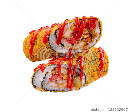 Unique rolled sushi dish with crispy coating and vibrant sauce in a creative presentation Unique rolled sushi dish with crispy coating and vibrant sauce in a creative presentation 122632967