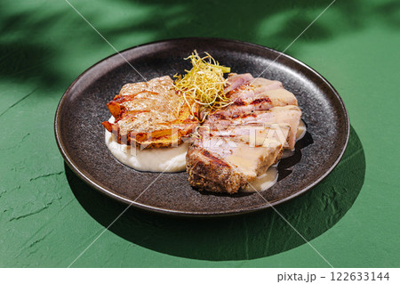 Savory grilled meat with creamy sauce and crispy side served on a stylish plate in a vibrant green setting Savory grilled meat with creamy sauce and crispy side served on a stylish plate in a vibrant green setting 122633144