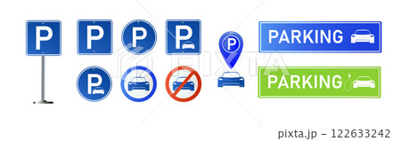 Car parking eco electric icon set. Parking and traffic signs isolated on white background. Map parking pointer. Vector Car parking eco electric icon set. Parking and traffic signs isolated on white background. Map parking pointer. Vector 122633242