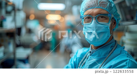 Surgeon wearing surgical scrubs, mask, and protective glasses in a brightly lit operating room, with medical equipment and team visible in the background Surgeon wearing surgical scrubs, mask, and protective glasses in a brightly lit operating room, with medical equipment and team visible in the background 122633558