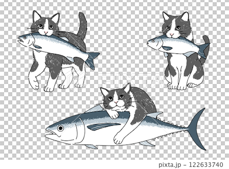 魚と猫の手書きイラストセット 122633740