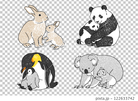 様々な動物の親子の手書きイラストセット 122633742