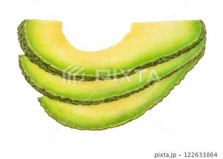 sliced avocado on a white background with avocado peel 122633864