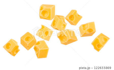 Falling cubic pieces of delicious cheese, isolated on white background 122633869