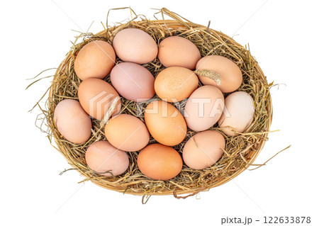 fresh chicken eggs with nest isolated on white background. top view, farmer eggs in chicken eco farm, free range chicken farm fresh chicken eggs with nest isolated on white background. top view, farmer eggs in chicken eco farm, free range chicken farm 122633878