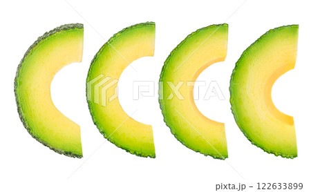 Falling avocado slices isolated on white background Falling avocado slices isolated on white background 122633899