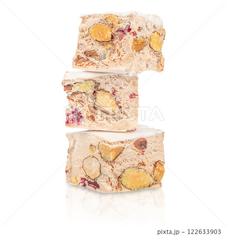 Torrone Nougat with Hazelnuts and almonds isolated on white background 122633903