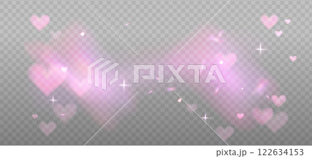 Romantic reflection, pink light prism effect on light background. Hologram glass dispersion, crystal hearts glittering overlay. Vector illustration Romantic reflection, pink light prism effect on light background. Hologram glass dispersion, crystal hearts glittering overlay. Vector illustration 122634153