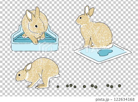 A set of hand-drawn illustrations of rabbits in various poses in the toilet 122634168