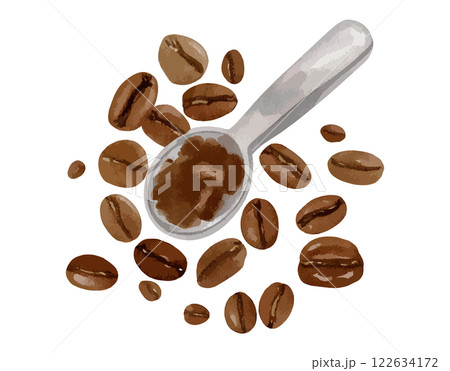 コーヒー豆とスプーンの水彩イラスト　生成AI 122634172