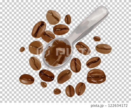 コーヒー豆とスプーンの水彩イラスト　生成AI 122634172