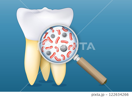 Tooth and a magnifying glass that zooming in to...のイラスト素材 [122634266 ...