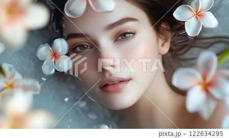 美しい白人女性とプルメリアのお花 122634295