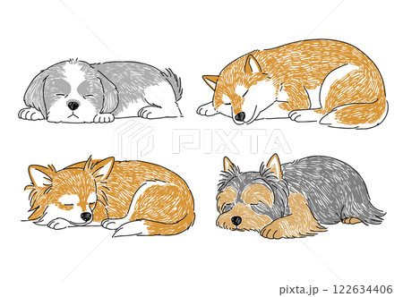 眠っている人気の小型犬たちの手書きイラスト 122634406