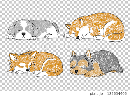 眠っている人気の小型犬たちの手書きイラスト 122634406