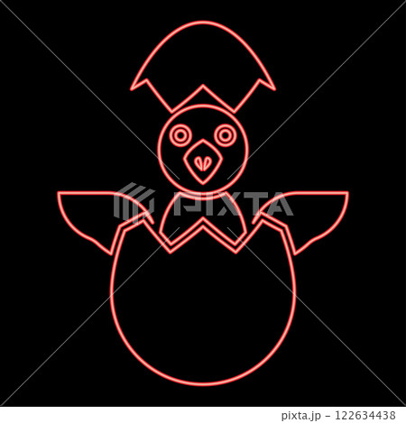 Neon chicks hatch from the egg baby bird cracked eggshell red color vector illustration image flat style Neon chicks hatch from the egg baby bird cracked eggshell red color vector illustration image flat style 122634438