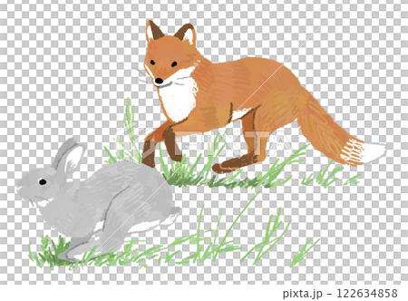 A hand-drawn illustration of a fox and a rabbit chasing each other 122634858