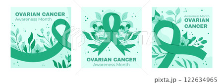 Ovarian Cancer Awareness Month Square Design Featuring Teal Ribbons, Floral Backgrounds, and Supportive Health Awareness Graphics 122634965