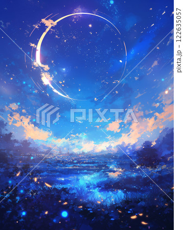 幻想的な青い夜空と輝くリング｜神秘的な風景が広がる未来都市の光 122635057