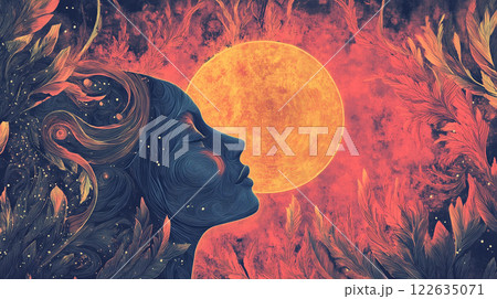 幻想的な女性の横顔と満月｜スピリチュアル・神秘的・宇宙のエネルギーアート 122635071