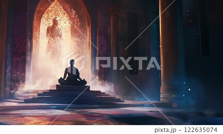 神秘的な寺院で瞑想する僧侶｜スピリチュアル・幻想的・光に包まれた仏教アート 122635074