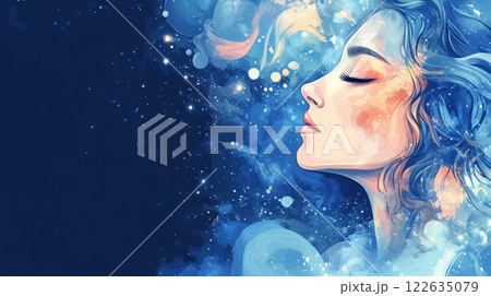 幻想的な青い宇宙と女性の横顔｜夢・瞑想・スピリチュアル・神秘・幻想アート 122635079