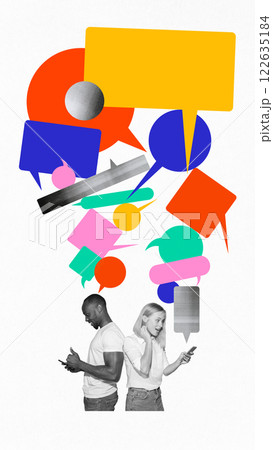 Young man and woman surrounded by many colorful speech bubbles and using smartphones for exchanging messages. Digital interaction Young man and woman surrounded by many colorful speech bubbles and using smartphones for exchanging messages. Digital interaction 122635184