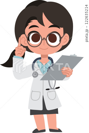 Adorable female physician doctor character holding a patient file Adorable female physician doctor character holding a patient file 122635214