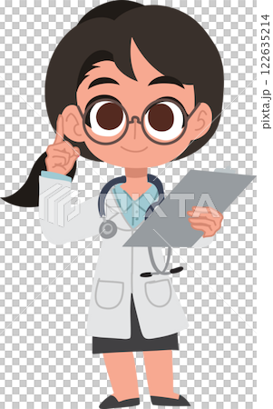 Adorable female physician doctor character holding a patient file Adorable female physician doctor character holding a patient file 122635214