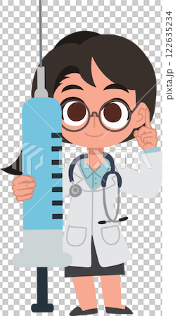 Cute female doctor cartoon holding a syringe for injection and vaccination Cute female doctor cartoon holding a syringe for injection and vaccination 122635234