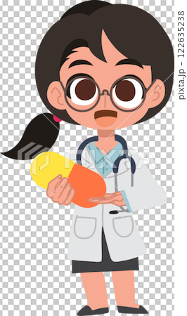 Friendly female doctor illustration explaining medication safety and pharmaceutical care Friendly female doctor illustration explaining medication safety and pharmaceutical care 122635238