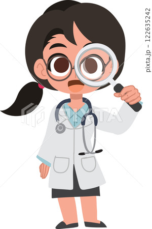 Cute female doctor cartoon using magnifying glass for medical examination and diagnosis Cute female doctor cartoon using magnifying glass for medical examination and diagnosis 122635242