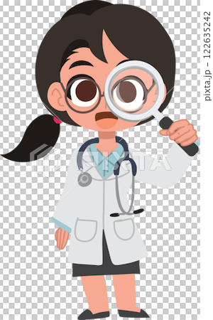 Cute female doctor cartoon using magnifying glass for medical examination and diagnosis Cute female doctor cartoon using magnifying glass for medical examination and diagnosis 122635242