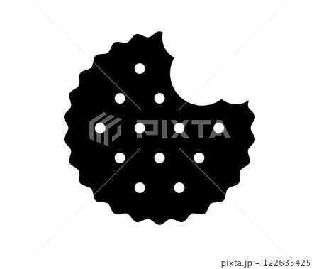 Bitten round cracker silhouette. Sweet or salty biscuit cookie. Popular kids crunchy snack isolated on white background. Vector graphic illustration 122635425