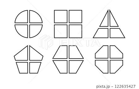 Set of geometric round, square and triangle, pentagon, hexagon and octagon shapes divided into 4 equal sectors. Simple diagrams, business charts segmented on four parts. Vector graphic illustration Set of geometric round, square and triangle, pentagon, hexagon and octagon shapes divided into 4 equal sectors. Simple diagrams, business charts segmented on four parts. Vector graphic illustration 122635427