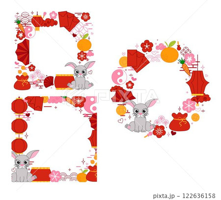 CNY Lantern festival of rabbit bunny 2035 circle round frame set with chinese traditional elements and grey bunny vector graphic line template set on transparent background CNY Lantern festival of rabbit bunny 2035 circle round frame set with chinese traditional elements and grey bunny vector graphic line template set on transparent background 122636158