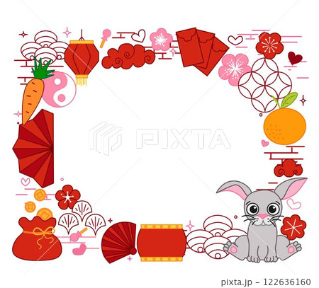 Chinese new year 2035 bunny rabbit rectangle oval frame. Vector graphic line Asia oriental traditional ornament, frame and border. Lunar lantern festival illustration template Chinese new year 2035 bunny rabbit rectangle oval frame. Vector graphic line Asia oriental traditional ornament, frame and border. Lunar lantern festival illustration template 122636160