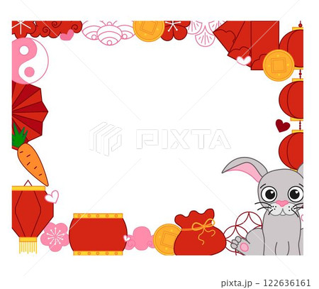 Chinese New Year 2035 bunny rabbit modern art design in red, gold and white colors for cover, card, poster, banner with trendy geometric pattern. Lunar lantern festival, vector rectangle frame Chinese New Year 2035 bunny rabbit modern art design in red, gold and white colors for cover, card, poster, banner with trendy geometric pattern. Lunar lantern festival, vector rectangle frame 122636161