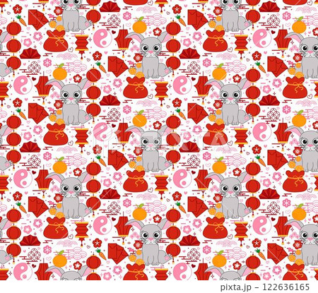 chinese new year elements seamless pattern 2035 rabbit bunny. Lantern lunar festival vector graphic line illustration 122636165