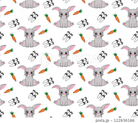 Baby bunny rabbit vector seamless pattern with carrots and footsteps. repeat background, cute spring easter hare surface design. Sweet hand drawn bunnies. Naive kid vector illustration 122636166