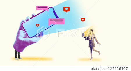 Large hand holding phone with messages floating towards woman, symbolizing networking, teamwork, and digital conversations. 122636167