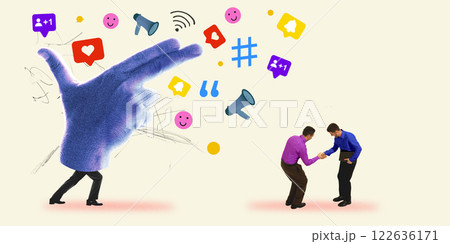 Large hand with social media icons, two people shake hands, symbolizing digital communication, success and professional networking. 122636171