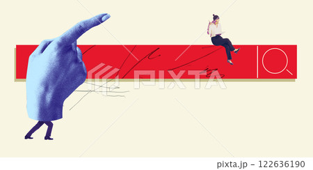 Search and discovery. Giant hand pointing to red search bar, symbolizing online research, exploration, and importance of digital navigation 122636190